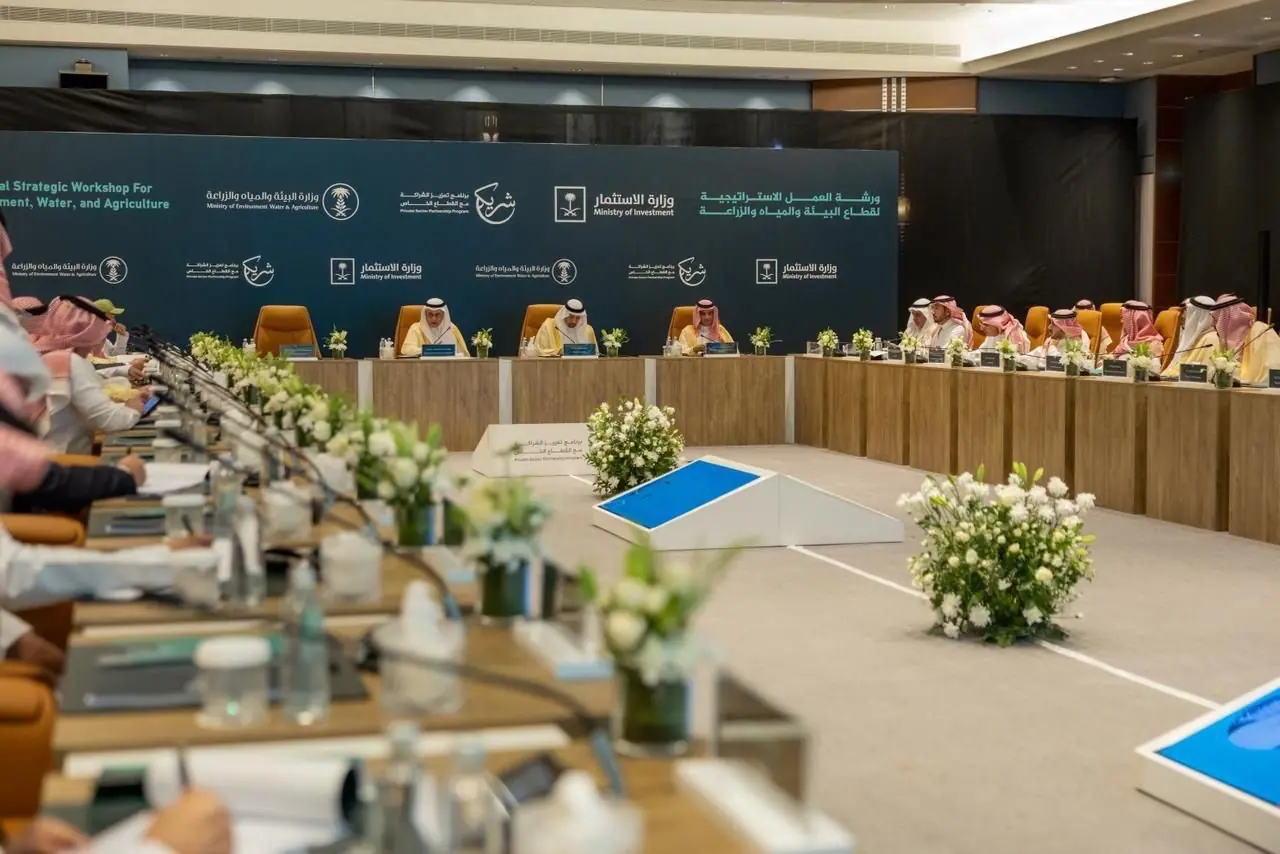 Sectoral Strategic Workshop — Environment, Water & Agriculture — Screen plinths carry the presentation to the centre